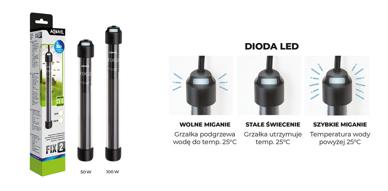 Grzałka akwariowa AQUAEL FIX 2 50W / 100W do akwarium 15-100L