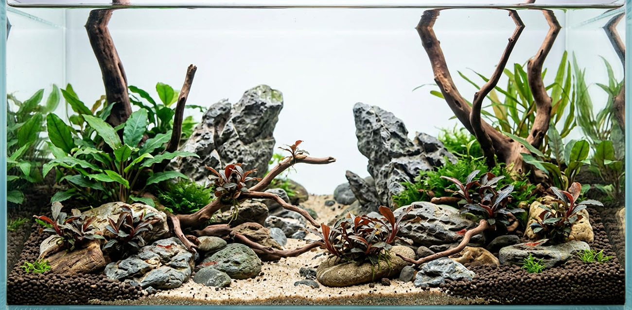 Miniaturowa Bucephalandra o brązowo-czerwonych liściach
